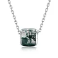Elegante colgante cilíndrico de ágata de musgo natural con cadena de plata pulida - US6# / Juego de collar (PD024653+N004465) / Musgo Verde