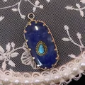 Elegant oval natural blue stone pendant featuring a teardrop turquoise inlay for DIY jewelry - 16x36mm, 4g / Blue Aventurine