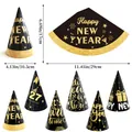 Black and gold 2027 New Year party paper hats showing dimensions and six various festive designs - Set of 6 / New Year Style A