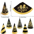 Detailed dimension specs for 2027 New Year party hats featuring black and gold glitter - Set of 6 / New Year Style B
