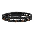 Double-layer men's bracelet with black onyx beads, tiger's eye and braided leather - Yellow Tiger Eye & Hematite Leather Stacked Style (ZJ14382)
