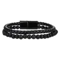Men's double-layer black beaded and braided leather bracelet set with magnetic clasp - Matte Lava Stone & Hematite Leather Stacked Style (ZJ14385)