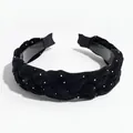 Elegant black velvet braided headband with silver rhinestones for women - Black Rhinestone Fishnet