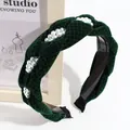 Elegant vintage dark green velvet braided headband decorated with multiple white pearl accents - Green