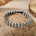 Pulsera artesanal de doble fila de cuentas de hematita y mármol blanco con cordón - Zj16941 Turquesa Blanca