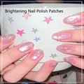 Close-up of pink glittery gradient press-on nails with star decals on short oval shape - BS2286 / Handmade Size M#10 Pieces/Bag