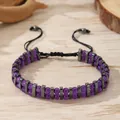 Pulsera artesanal de doble fila de piedras púrpuras y hematita con cordón negro ajustable - Zj16946 Morado