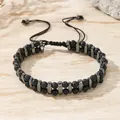 Pulsera de doble fila de piedra de lava y hematita con cordón trenzado negro ajustable - Roca Volcánica Zj17003
