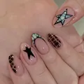 Elegant short oval press-on nails in nude pink with black star and crocodile art - BS2157 / Press-on Nails#30 Pieces/Box