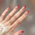 Elegant red French tip short oval press-on nails with white polka dots, 30 pieces set - BS2294 / Handmade Size M#10 Pieces/Bag