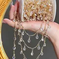 High-quality gold plated metal chain featuring clear teardrop crystal pendants for DIY jewelry - White Teardrop Pendant / 0.5 Meters/Pack / KC Gold