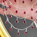 Elegant silver-toned DIY jewelry chain with vibrant red teardrop stone charms - Hammered Curved Bar with Red Water Drop Pendant / 0.5 Meters/Pack / Silver