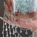 Silver jewelry chain with light blue teardrop faceted crystal beads for DIY accessories - Hammered Curved Bar with Light Blue Water Drop Pendant / 0.5 Meters/Pack / Silver