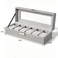 Elegante scatola porta orologi a 6 slot in pelle grigia con finestra, 30x11x8cm - Scatola per 6 Orologi Grigia con Serratura