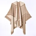 Elegant camel and beige reversible cashmere-like poncho shawl showing soft fabric texture - Large V-neck Short Beard Shawl Khaki / 130x150cm