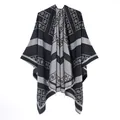 Black and grey imitation cashmere poncho with paisley patterns and fringe detail - Letter Cashew Short Shawl Black And Gray / 130x150cm