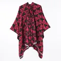 Detailed view of women's faux cashmere front slit cloak shawl with red and black geometric pattern - Short-haired T-shaped Shawl (black And Red) / 130x150cm