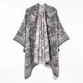 Elegant grey and pink reversible floral bird print faux cashmere poncho shawl detail - Flower And Bird Short-bearded Shawl (grey-pink) / 130x150cm