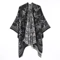 Reversible black and grey cashmere-like open-front poncho shawl with floral bird patterns - Black Floral And Bird Short-bearded Shawl / 130x150cm