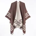 Women's reversible faux cashmere warm shawl poncho with elegant scroll patterns and fringes. - Double-sided Scrollwork Short Beard Border (brown) / 130x150cm