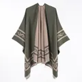 Detail of reversible olive green and tan poncho with scroll pattern and fringe - Double-sided Scrollwork Short Beard Border (green) / 130x150cm