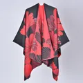 Close-up of a warm reversible shawl poncho with large red floral ginkgo leaf pattern. - Large Ginkgo Leaves Are Black And Red / 130x150cm