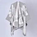 Elegant grey and white reversible women's shawl poncho featuring a ginkgo leaf pattern - Large Ginkgo Leaves Are Gray / 130x150cm