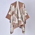 Reversible brown and beige ginkgo leaf pattern imitation cashmere poncho shawl for women - Large Ginkgo Leaf Brown / 130x150cm