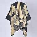 Elegant reversible faux cashmere ginkgo leaf pattern poncho shawl, grey and cream. - Large Ginkgo Leaf Black Camel / 130x150cm