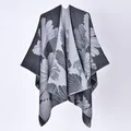 Elegant reversible imitation cashmere poncho shawl with ginkgo leaf pattern in gray - Large Ginkgo Leaves Are Blackish-gray / 130x150cm