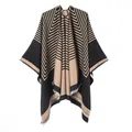 Reversible women's faux cashmere poncho shawl with khaki and black geometric stripes - New Black And White Striped Short Beard (black Camel) / 130x150cm