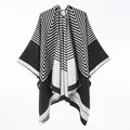 Elegant black and white geometric pattern women's faux cashmere front slit poncho shawl - New Black And White Striped Short Beard (black And White) / 130x150cm