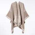Reversible beige and cream geometric striped faux cashmere shawl poncho with fringes. - New Black And White Striped Short Beard (khaki) / 130x150cm