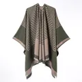Reversible olive green striped faux cashmere poncho shawl for women with fringe - New Black And White Striped Short Beard (green) / 130x150cm