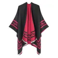 Elegant reversible black and red women's winter poncho cape made of soft cashmere-like fabric - Double-sided Scrollwork Short Whiskers (black And Red) Border / 130x150cm