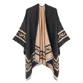 Women's reversible black and camel cashmere-like poncho shawl with scroll pattern border - Double-sided Scrollwork Short Beard Border (black Camel) / 130x150cm