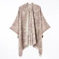 Elegant beige reversible floral bird poncho shawl with fringe details and stripes - A Short Khaki-colored Shawl Draped With Floral And Bird Motifs. / 130x150cm