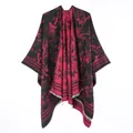 Elegant reversible red and black floral bird pattern poncho shawl with soft cashmere-like texture - Flower And Bird Short-bearded Shawl (black And Red) / 130x150cm