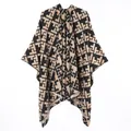 Women's imitation cashmere split cape shawl with geometric pattern in camel and black - Short-bearded Shawl With Letter T (black Camel) / 130x150cm