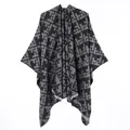 Gray and black geometric print cashmere-like open front poncho shawl - Short Black-grey Shawl With Letter T. / 130x150cm