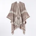 Elegant brown and beige geometric pattern cashmere-like open front poncho shawl with tassels - Letter Cashew Short Shawl Khaki / 130x150cm