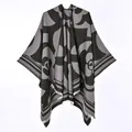Elegant grey and black reversible floral knit shawl poncho with delicate fringe detail - New Short-bearded Camellia Blackish-grey / 130x150cm