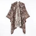 Elegant reversible women's poncho shawl with vintage brown floral bird pattern for autumn - Flower And Bird Short-bearded Shawl (brown) / 130x150cm