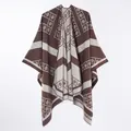 Elegant women's reversible paisley faux cashmere open front poncho shawl in brown and beige - Letter Cashew Short Shawl Brown / 130x150cm