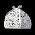 Elegant white laser-cut wedding favor candy box with rose patterns and ribbon bow - White