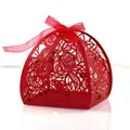 Elegant red laser-cut wedding favor box with intricate rose patterns and ribbon - Pearl Red