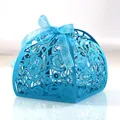 Elegant bright blue laser-cut floral wedding favor box with matching decorative silk ribbon - Sky Blue
