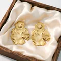 Elegant oversized 18K gold plated fan-shaped textured earrings in a wooden gift box - Large Lotus Leaf Studs