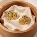 Elegant 18K gold plated textured heart stud earrings for women presented in wooden gift box - Granular Heart Stud Earrings