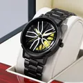 Sporty men's quartz wristwatch featuring a 3D car wheel rim dial and black steel band - LT03 Green